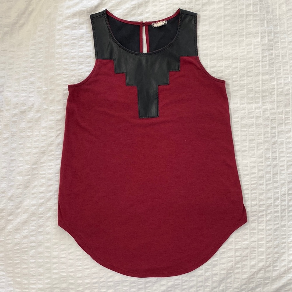 Eyeshadow Maroon Tank Top with Faux Leather Neck
